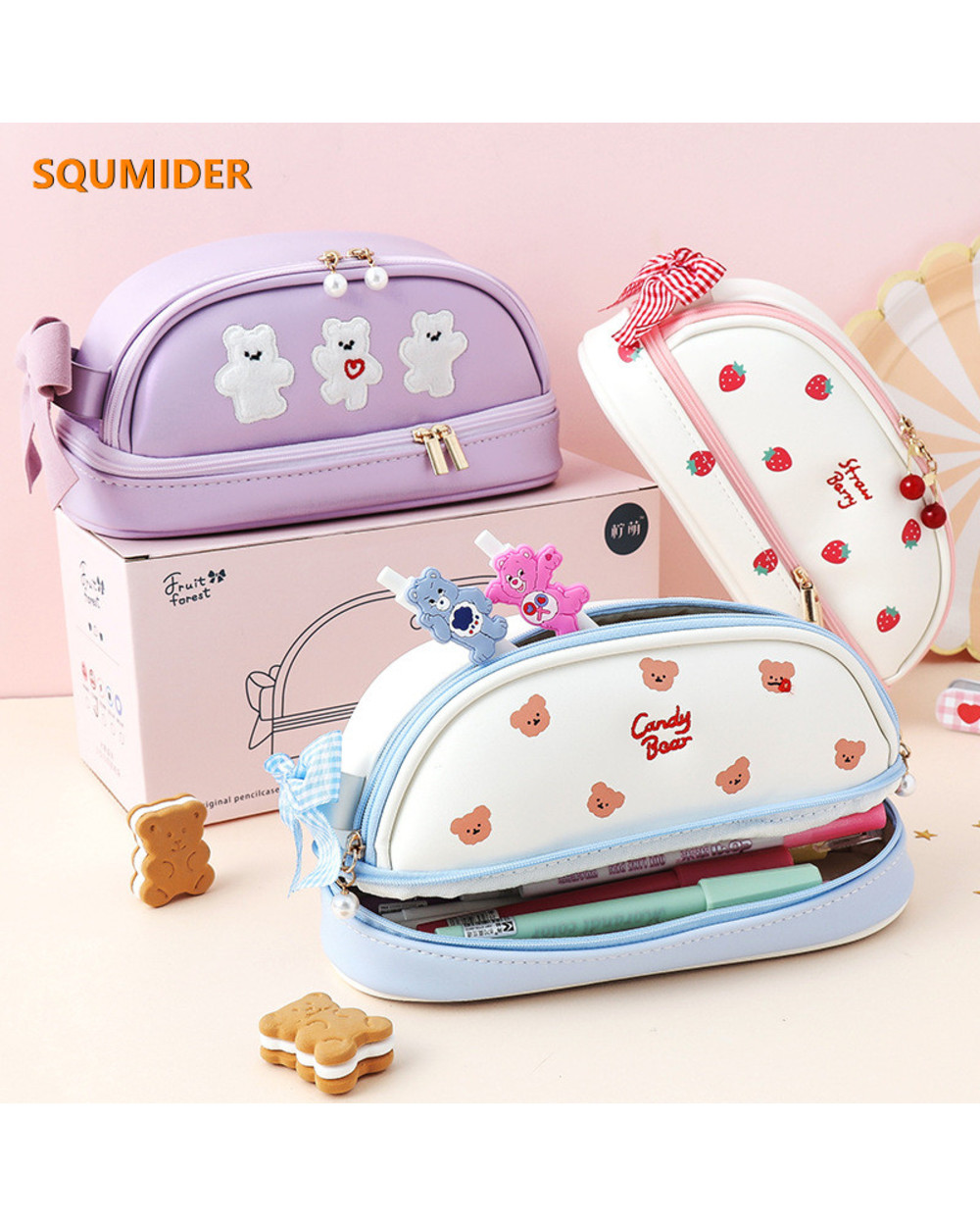 Cherry Pu Cute Pencil Case School Stationery Storage Bag Leather Cosmetic Bag Big Pen Case Gifts For Girl Pen Bag Kawai front-0