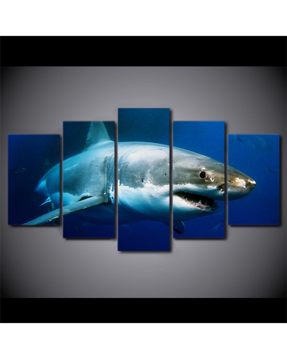 Blue Ocean White Shark Picture Animal 5 Panel Canvas Art Wall Decor front-1