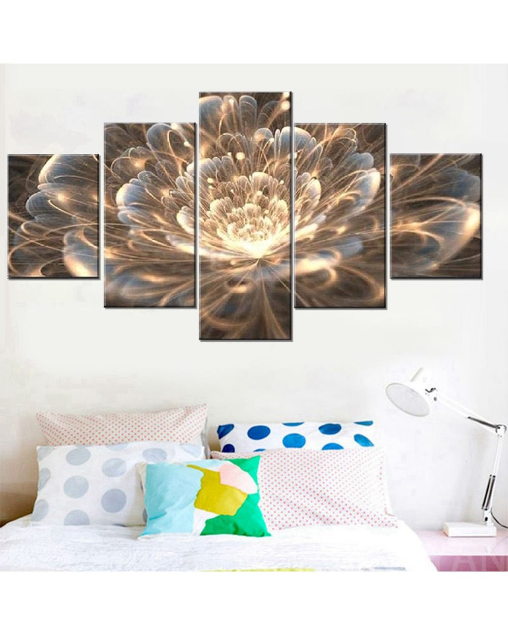 Golden Rays Fractal Flower Picture Print Abstract 5 Panel Canvas Art Wall Decor front-2