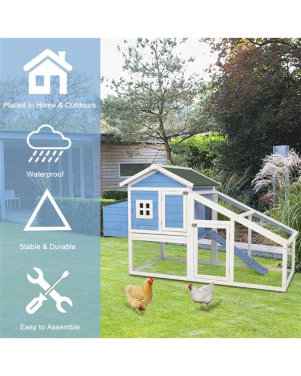 69 Inch Fir Wood Chicken Hutch Hen Coop Habitat Pigeon House with Egg case & Tray & Running Cage Blue front-4