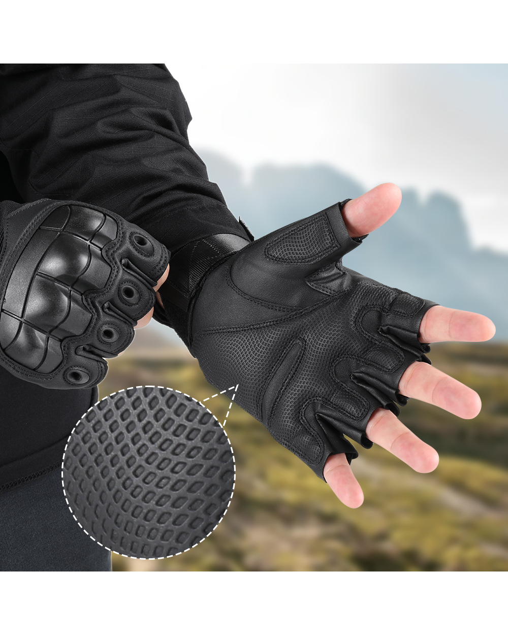 Touch Screen PU Leather Motorcycle Half Finger Glove Hard Fingerless Riding Biker Protective Gear front-2