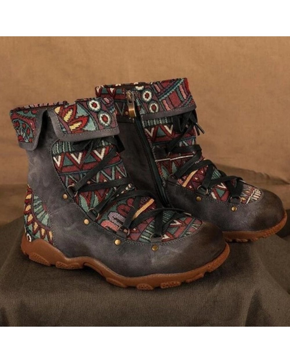 Women's Ladies Retro Native American Style Ankle Zip Short Boots Booties Casual front-0