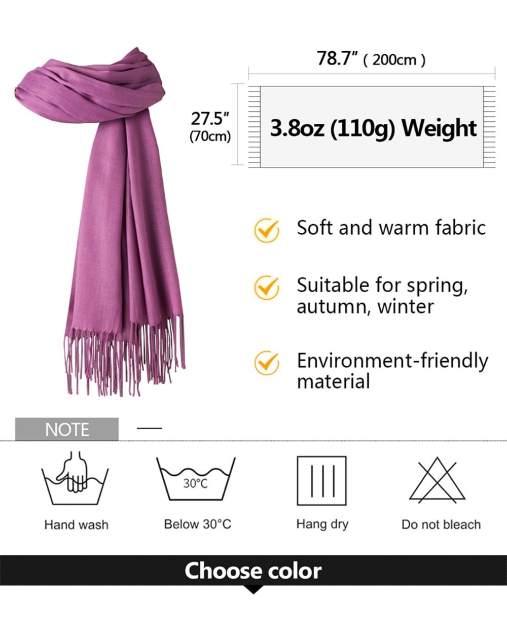 Women Solid Scarf Cashmere Pashmina Shawls Tassel Hijab Head Wraps Femme Thin Autumn Winter Tassel Scarves Bandana 2022 front-4