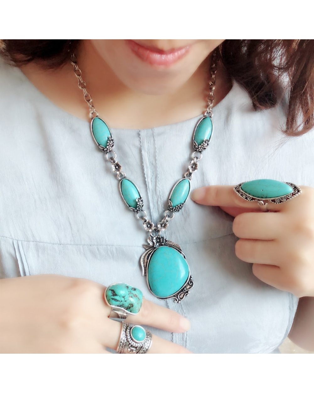 Turquoise Vintage Silver Plated Necklace Bracelet Earring Jewelry Sets front-2
