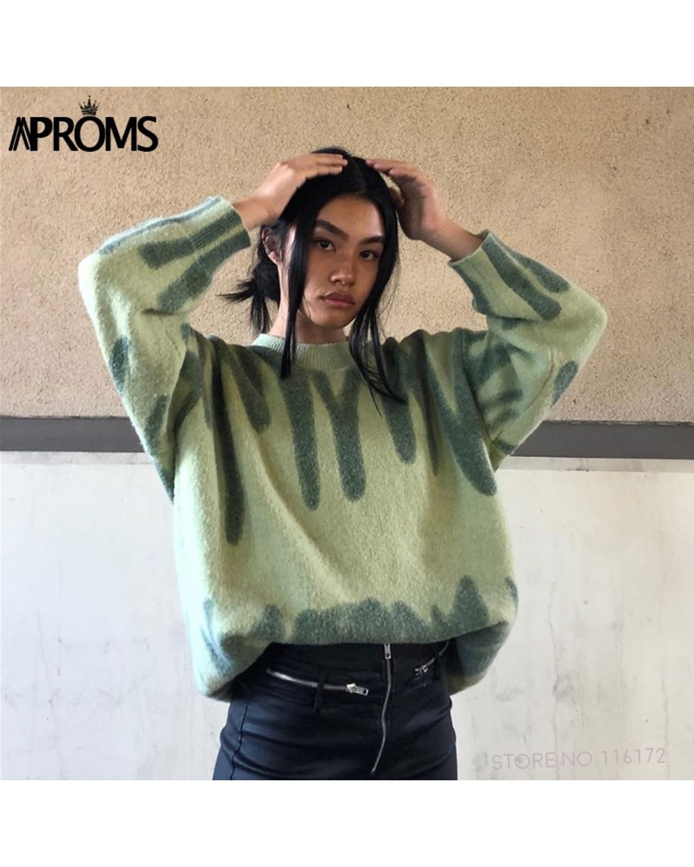 Elegant Green Striped Print Oversized Pullovers Women Winter O-Neck Loose Long Sweaters Streetwear Warm Outerwear 2022 front-0