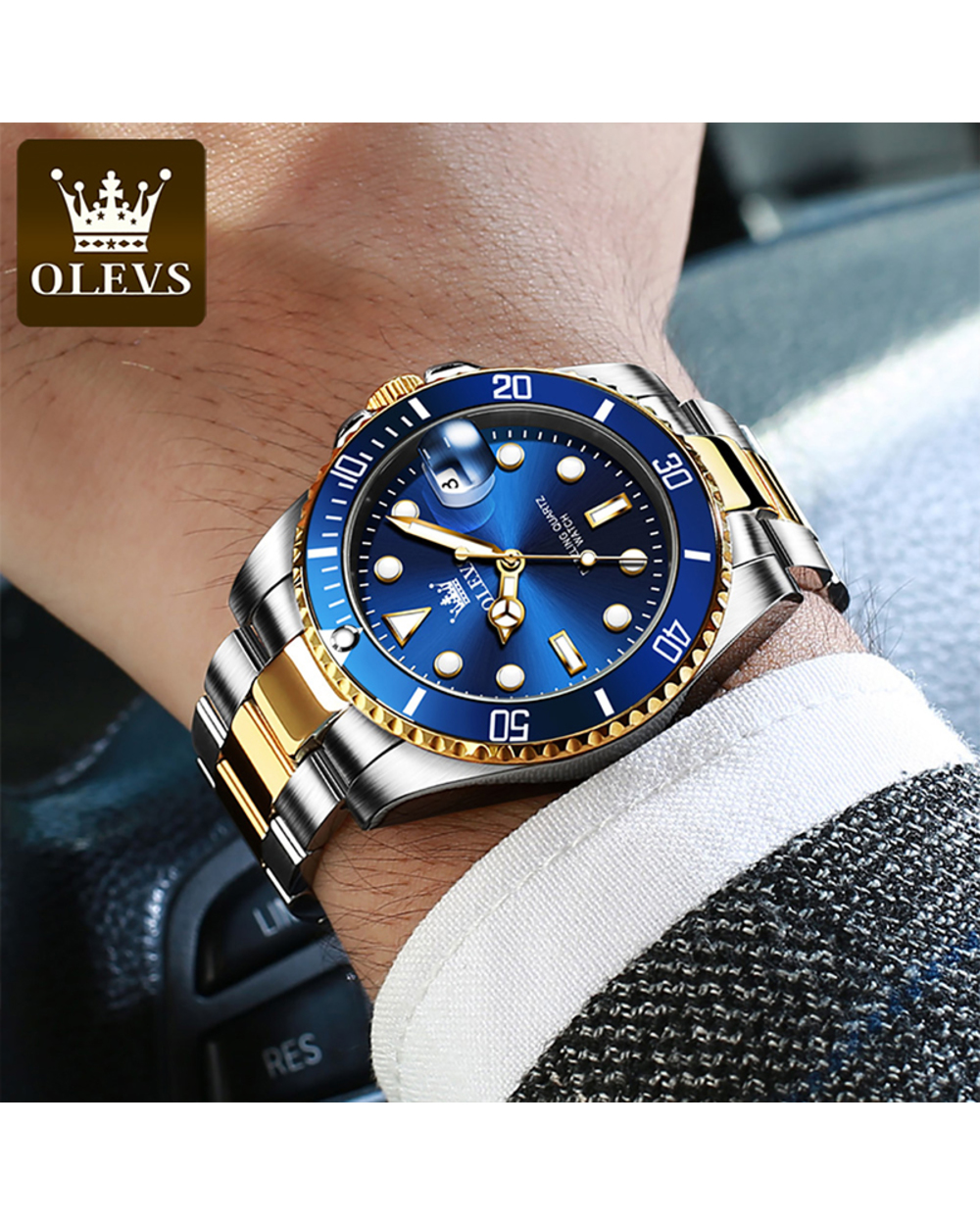 OLEVS Men Luminous Waterproof Watch Trend Calendar Display Stainless Steel front-4