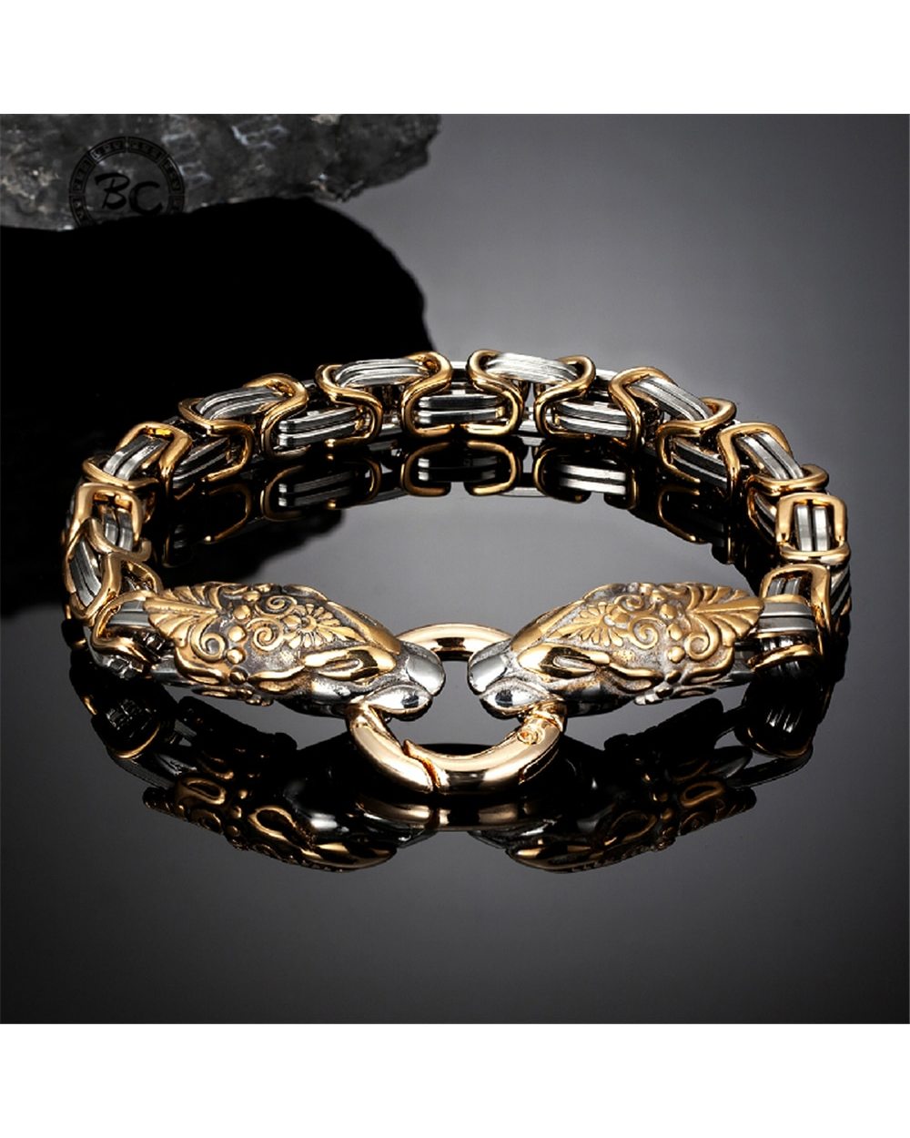 Viking Dragon Head Bracelets Men Gold Stainless Steel King Chain Jewelry Gift front-0
