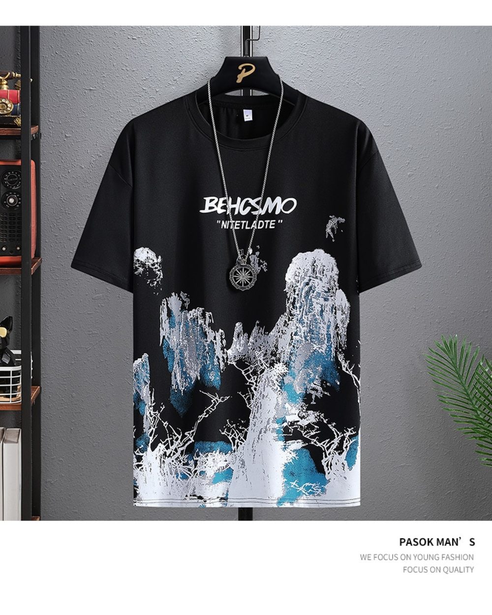 New casual T-shirt classic Chinese landscape painting print pattern round neck fashion hip-hop street lovers short sleev front-3