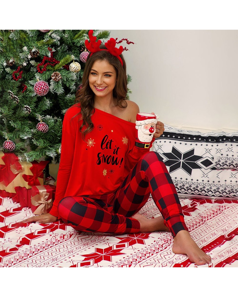 Merry Christmas Women Winter Pajamas Set Cotton Sleepwear Long Lattice Pants + Xmas Print Pyjamas Women Clothes Pajama front-1