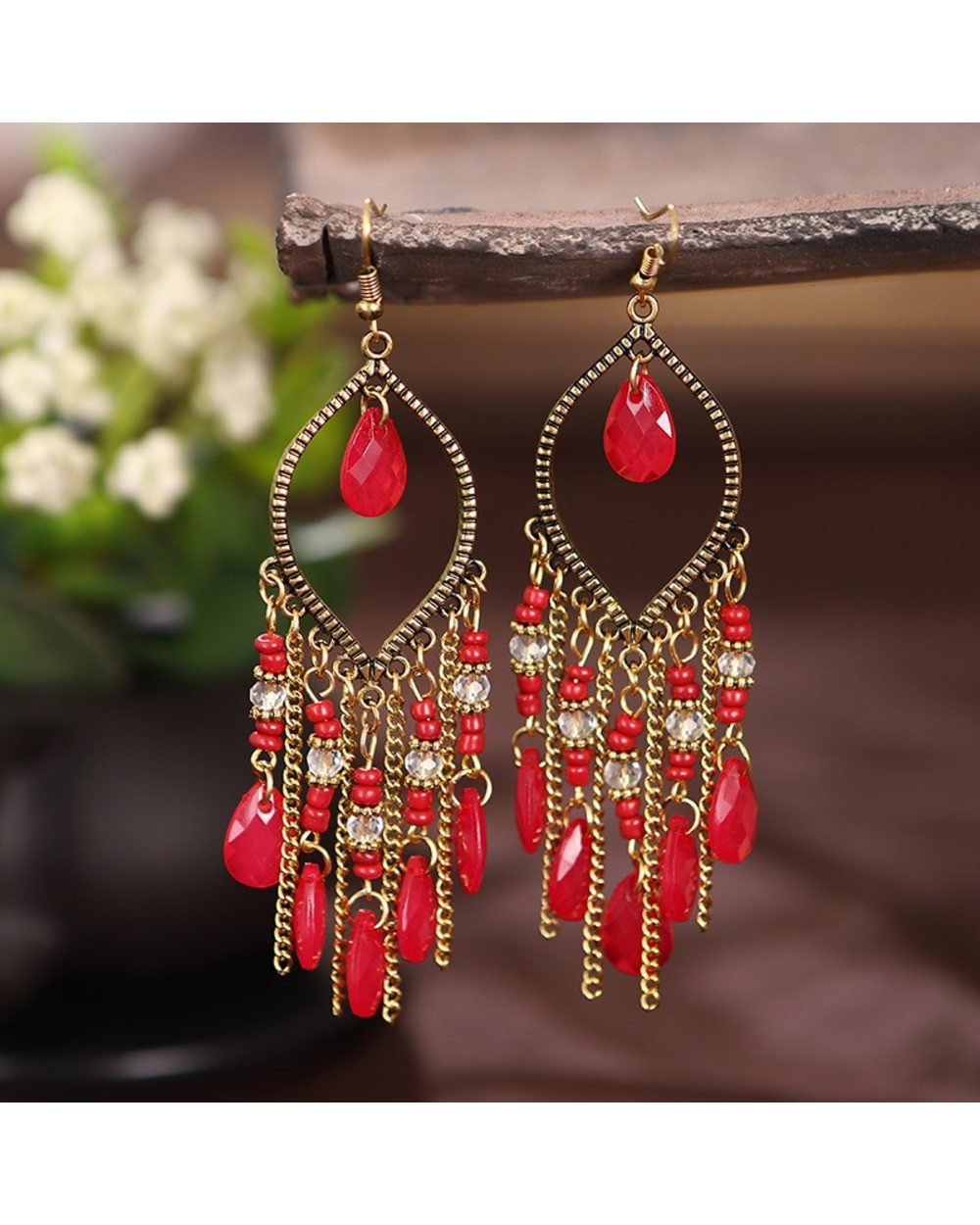 Antique Gold Plated Long Water Drop Tassel Earrings WCS front-5
