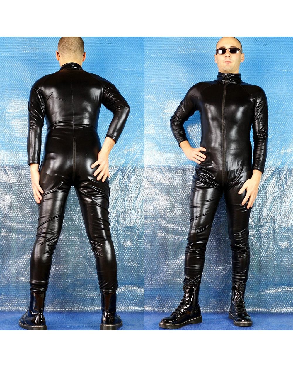 Long Sleeve Wetlook Faux Leather Jumpsuit Open Crotch Zipper PVC Catsuit Latex Fetish Wear Catwomen Halloween Costume front-5