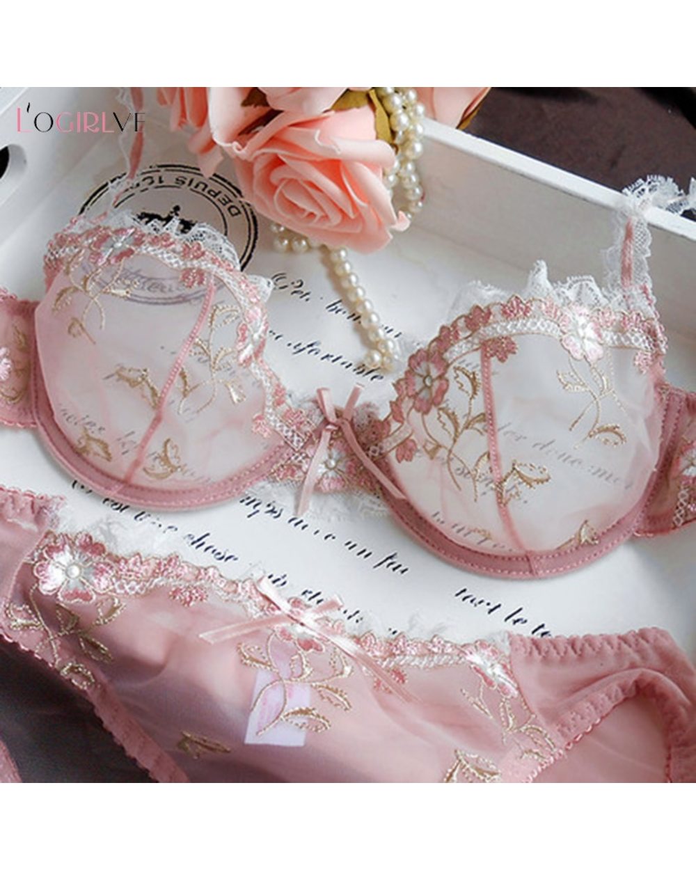 Exquisite embroidery lotus pink ultra-thin women's sexy transparent lace underwear bra set front-0