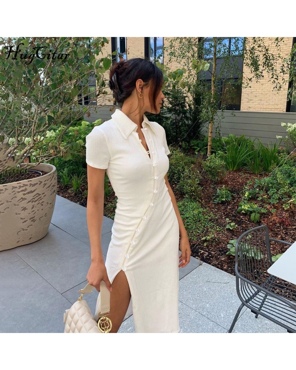 Hugcitar Buttons Slit Sexy Dress Autumn Winter Women Fashion Streetwear Outfits Party Elegant Wear front-0