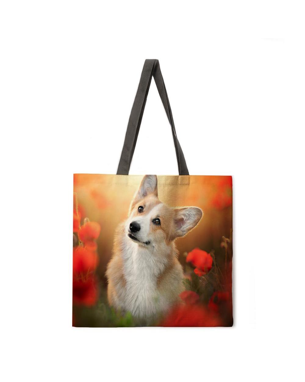 Corgi linen tote bag beach bag ladies shoulder bag foldable shopping bag reusable fashion bag front-5