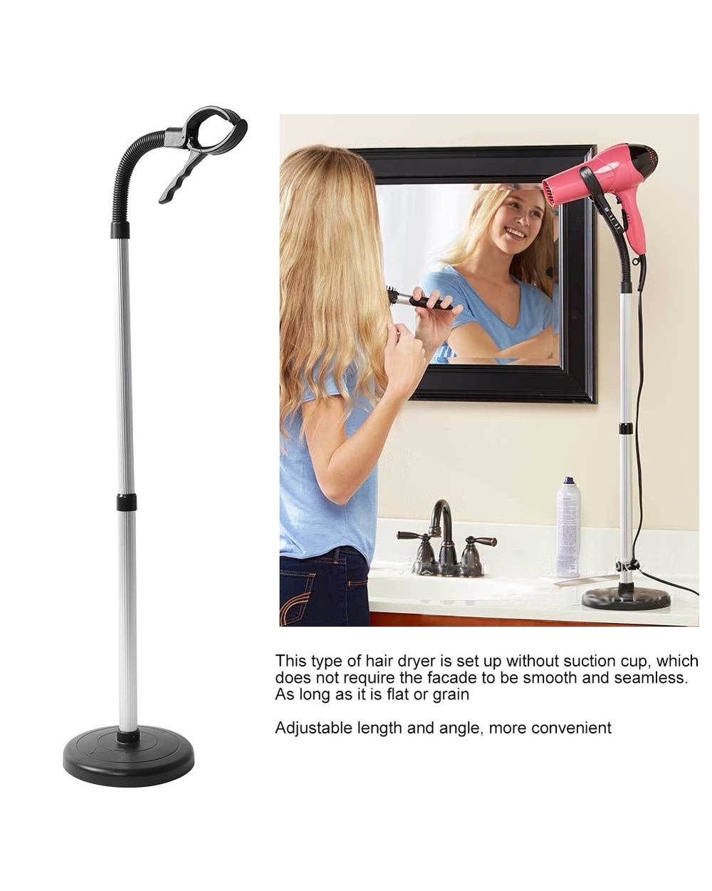 Adjustable Hair Dryer Holder Stainless Steel Stand Hands Free Removable Sucking Cup Stand Hairdryer Holder front-4