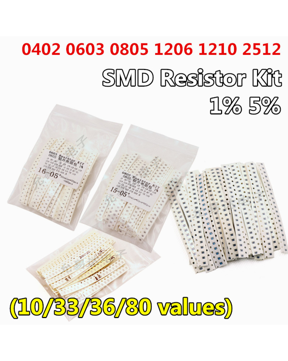 200Pcs 660Pcs 720Pcs 4000Pcs 0402 0603 0805 1206 1210 2512 Smd Resistor Kit 1% 5% Assorted Bag 10K 100K 1K 1R 100R 220R front-0