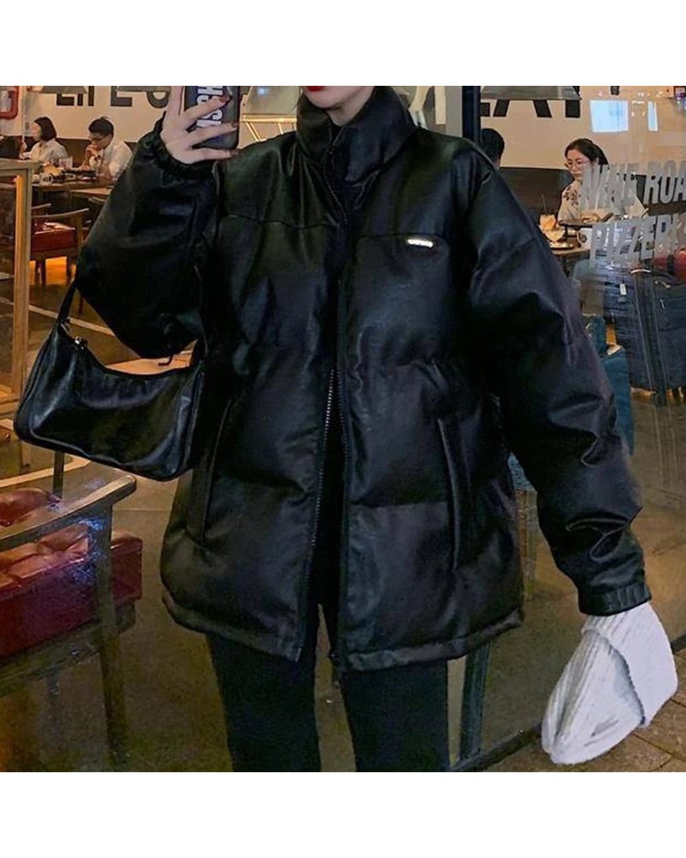 Faux Leather Jacket Women Puffer Parka Black Thick Korean Oversized Coat Female Outerwear front-2