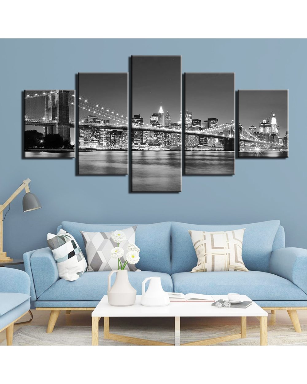 Black and White New york City Brooklyn Bridge Picture Scenery 5 Panel Canvas Art Wall Decor front-0