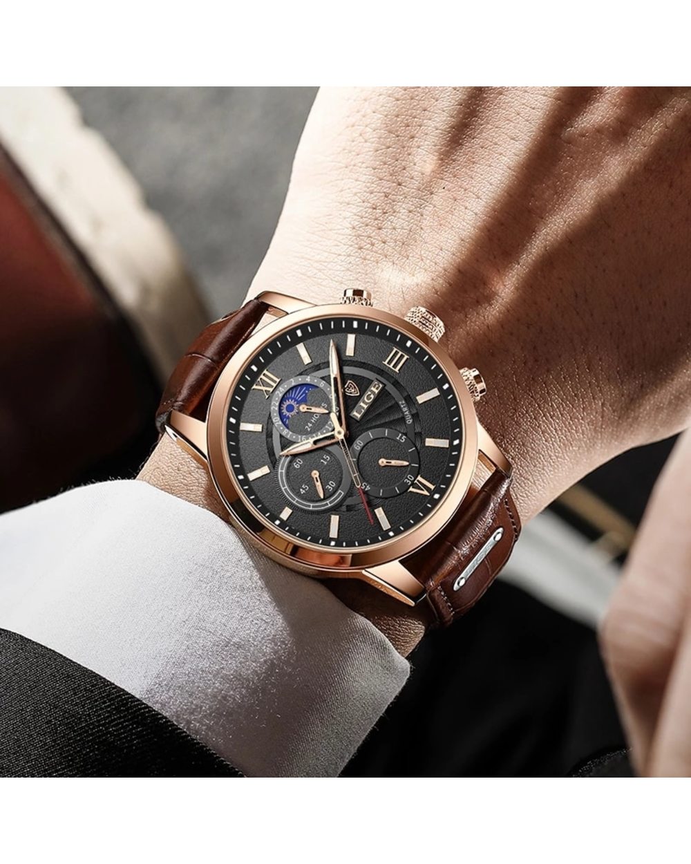 Men's Watches Leather Quartz Watch Sports Waterproof front-3