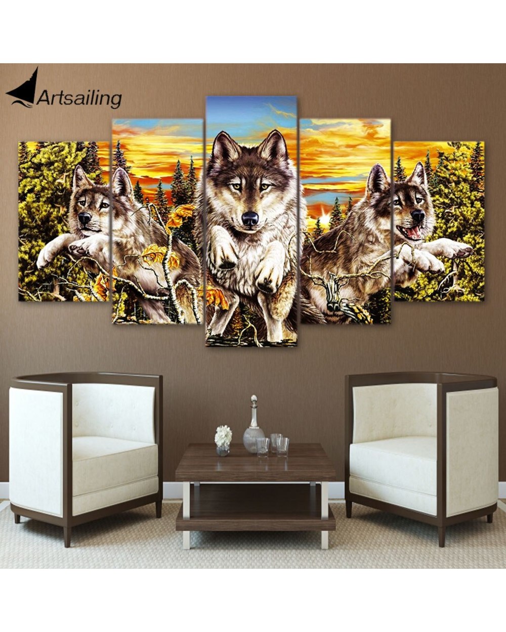 Animal Wolf Pack in Sunset Picture Print Animal 5 Panel Canvas Art Wall Decor front-3