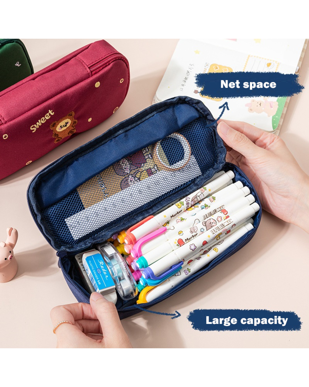 Cartoon Animal Embroidery Pencil Bag Pen Case Sweet Dinosaur Bear Dog Duck Storage Pouch Stationery School Supplies A69 front-1