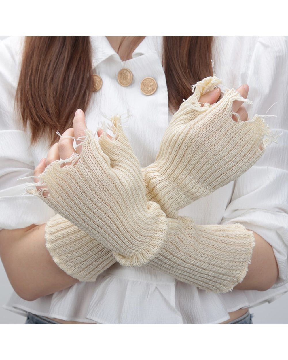 1Pair Black Tattered Punk Unisex Fingerless Cuff Knit Gloves Women Men Elbow Length Mittens Broken Stretch Arm Warmer G front-4