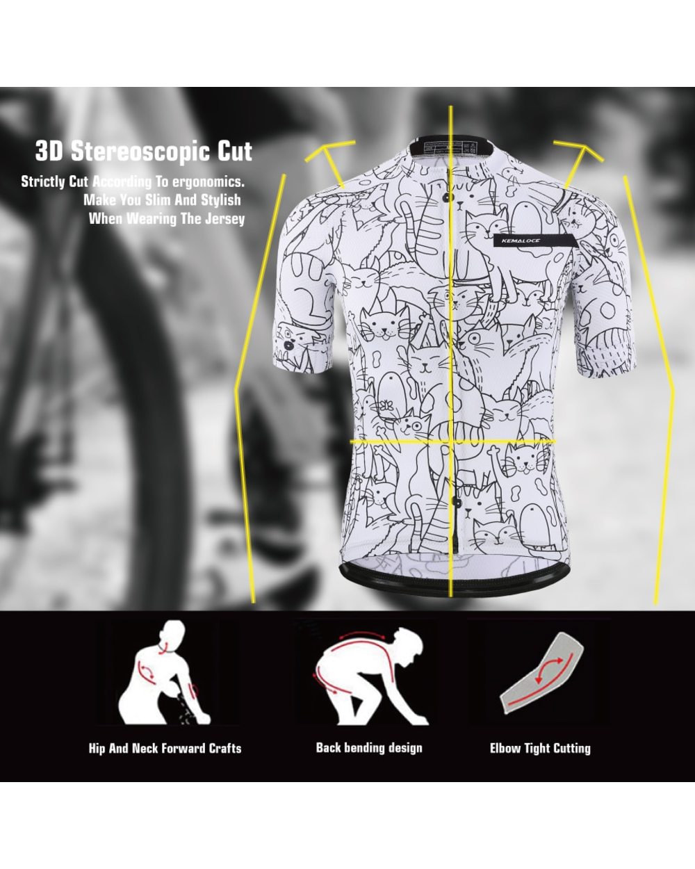 KEMALOCE Breathable Unisex White Cartoon Cat Cycling Jersey Spring Anti-Pilling Eco-Friendly Bike Clothing front-5