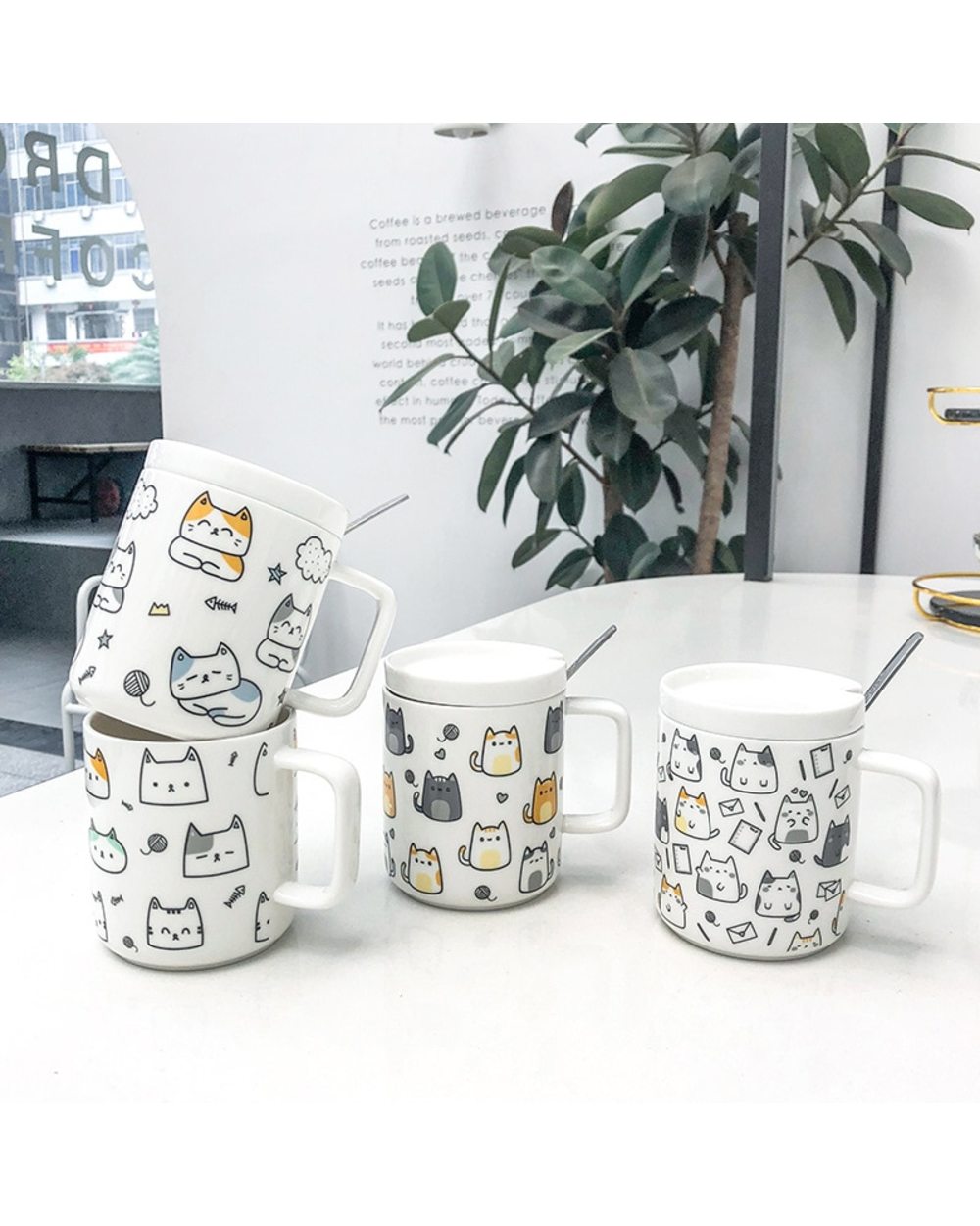 Cute Cat Mug With Lid and Spoon Large Capacity Breakfast Cereal white Ceramic Cartoon Pet Kawaii Milk Coffee Cup front-2