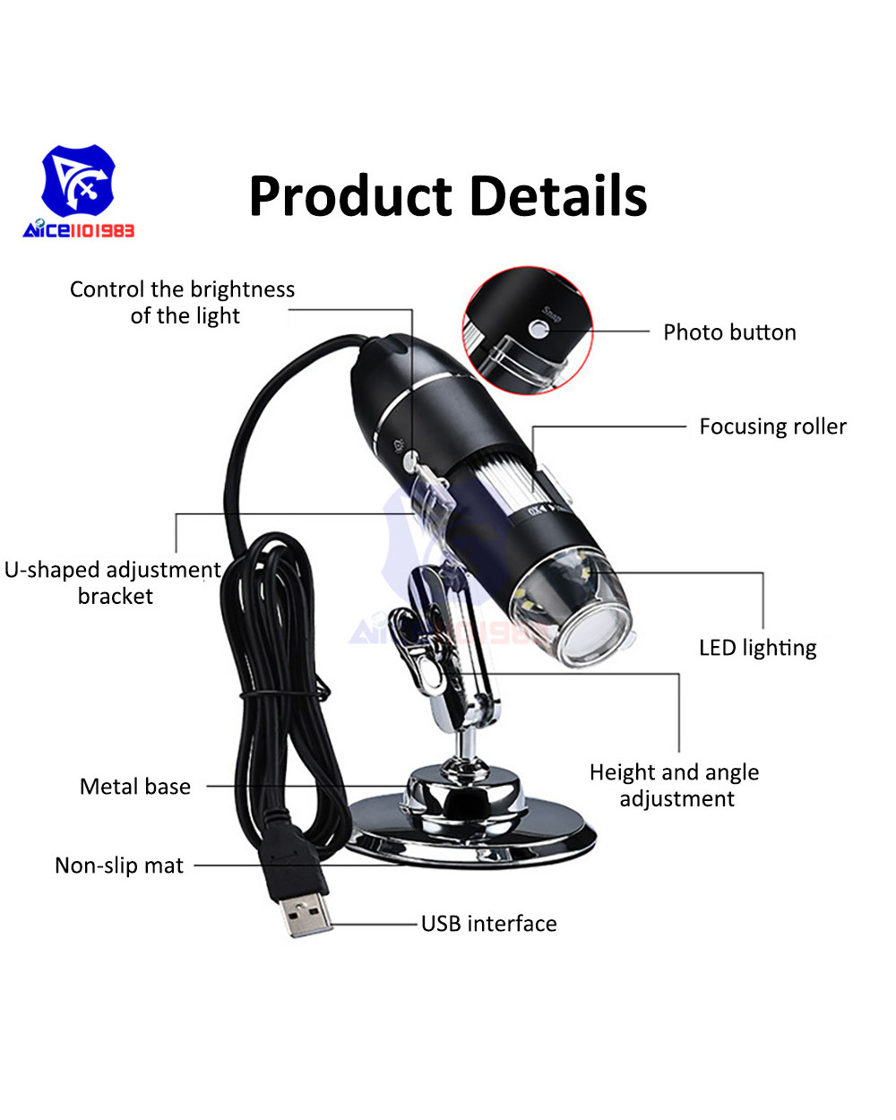 Diymore Portable Usb Digital Microscope 500X/1000X/1600X Magnification Endoscope With 8 Leds Bracket For Mac/Window/Li front-5