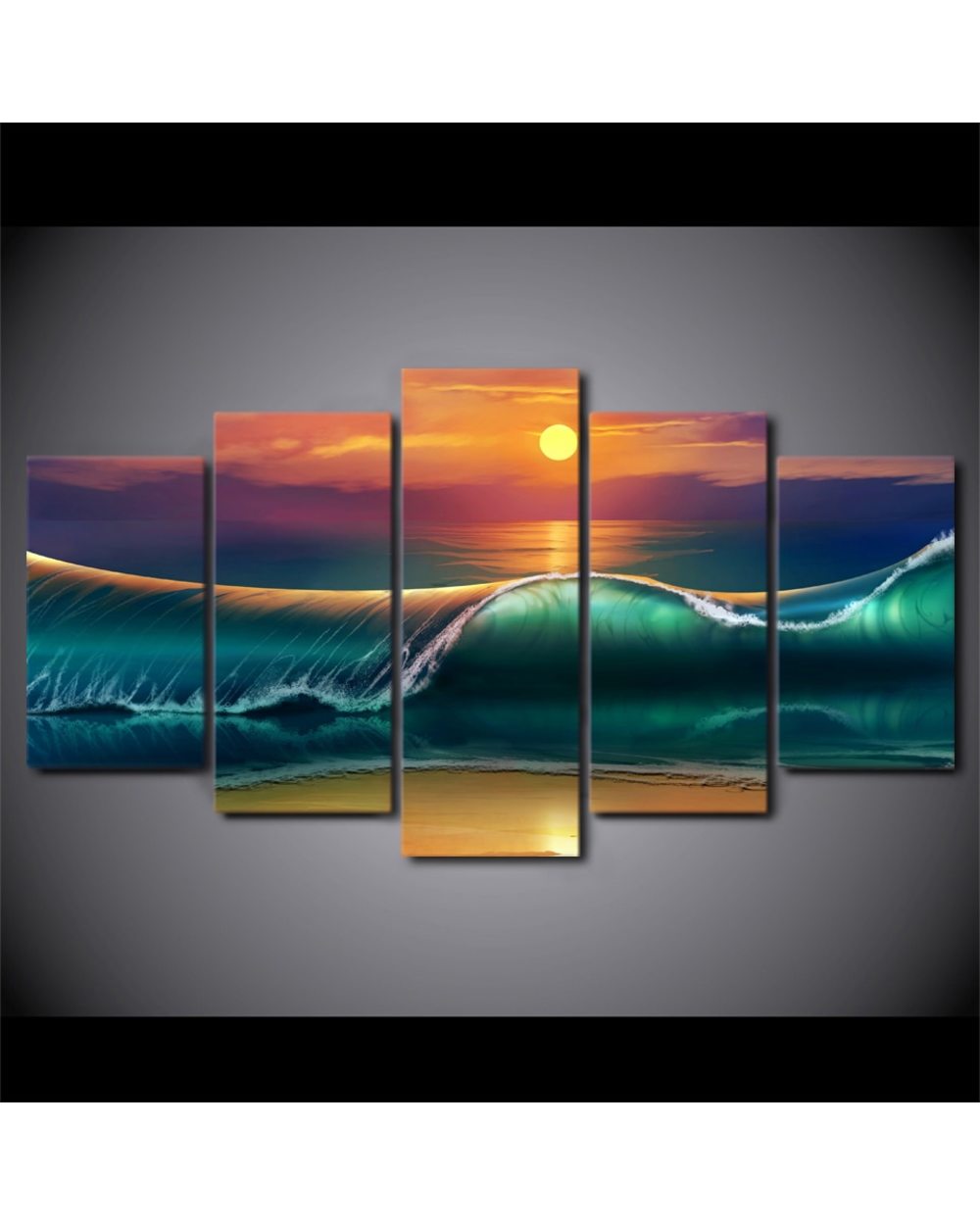 Sunset Beach Huge Waves Incoming Picture Print Nature 5 Panel Canvas Art Wall Decor front-1
