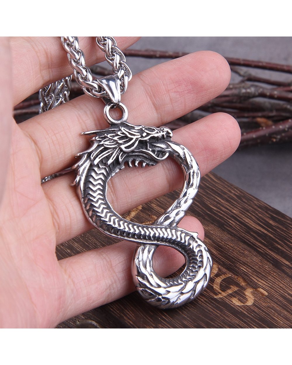 Never Fade Norse Dragon Snake Unlimited Self-devourer Ouroboros Pendant Necklace front-3