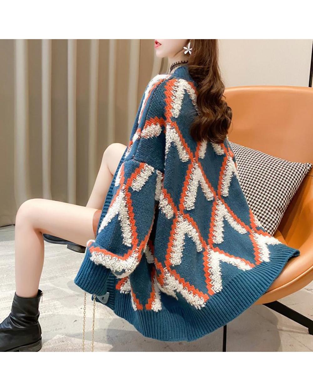 Fashion Print Women Cardigans Sweater Korean 2022 Winter New Loose Oversized Long Sleeve Knitted Lady Argyle Sweaters front-4
