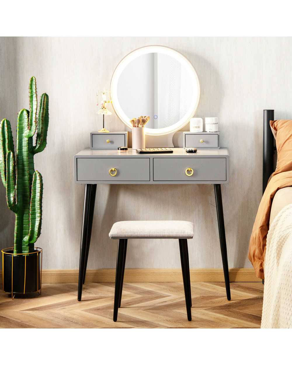 Vanity Makeup Dressing Table Stool Set 3-Color lighted Mirror front-1