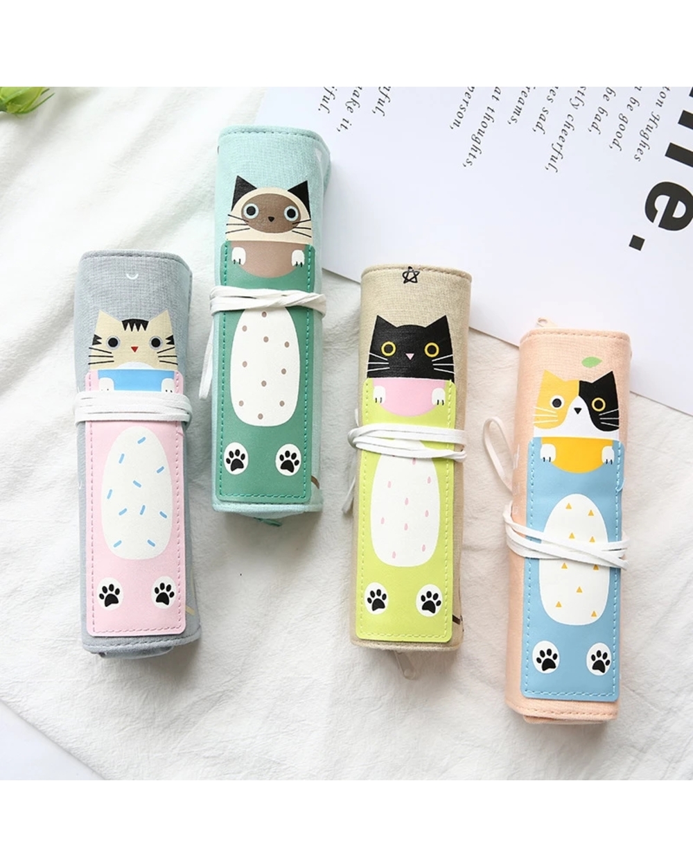 Cute Cat Roll Pencil Case Kawaii Canvas Pencilcase For Girls Boys Mini Pen Case Creative Pencil Pouch School Stationery front-0