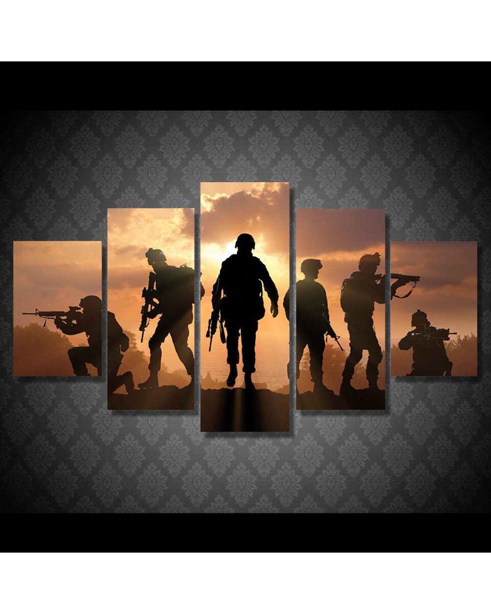 Patriotic US military Painting Soldiers With Army in Sunset Inspiration5 Panel Canvas Art Wall Decor front-1
