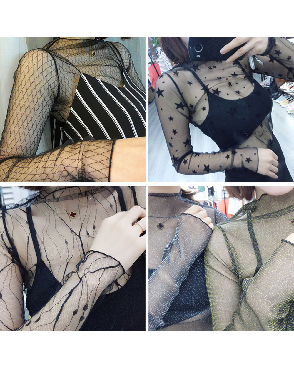 Sexy Mesh Transparent Blouses Tops Clothing Unlined Upper Garment Long Sleeve Net Build Korean Fashion Jacket ds50 front-0