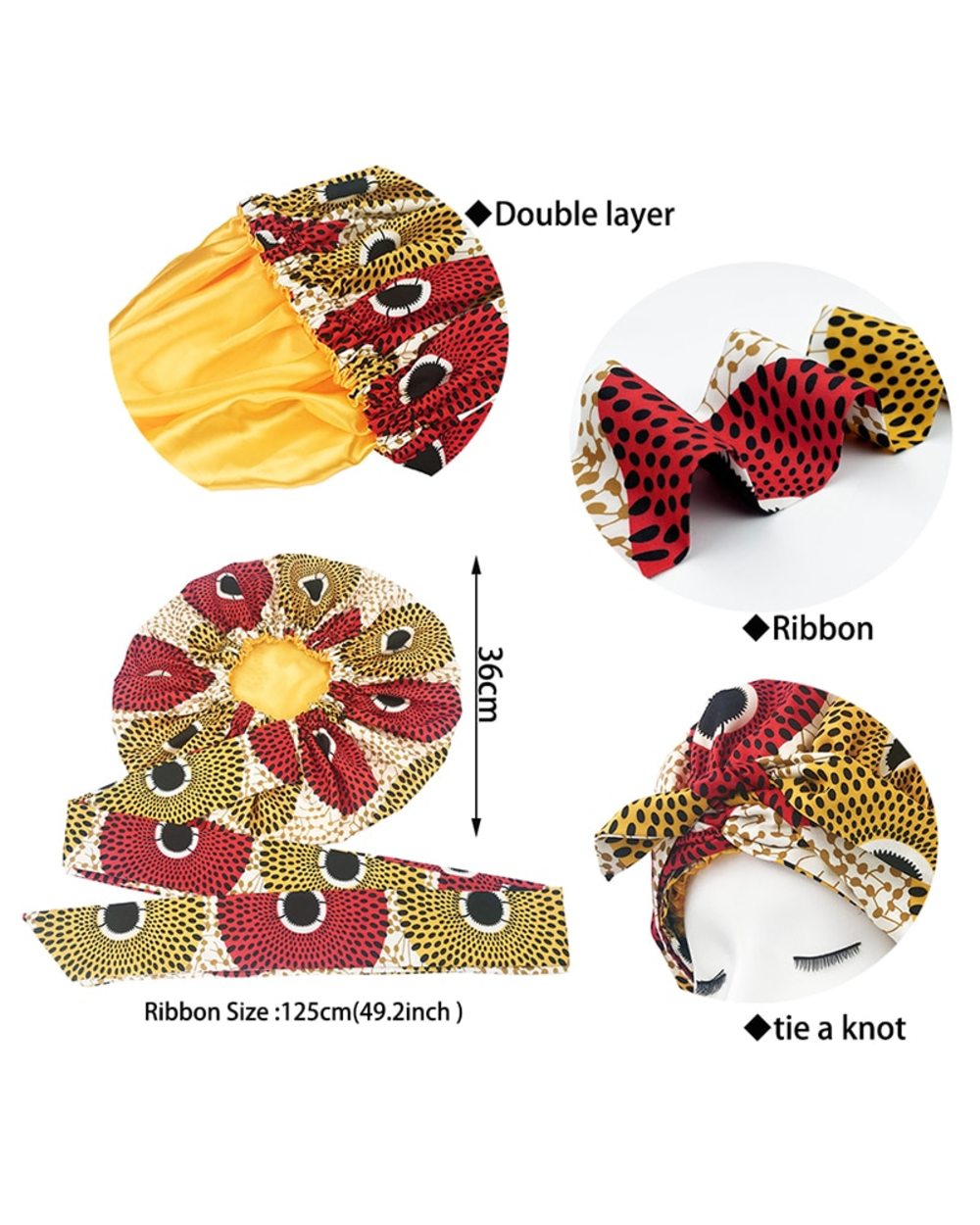 New African Ankara Pattern Satin Linned Bonnet Women Long Ribbon Headwrap Double Layer Headscarf Big Size Adult Hair Co front-5