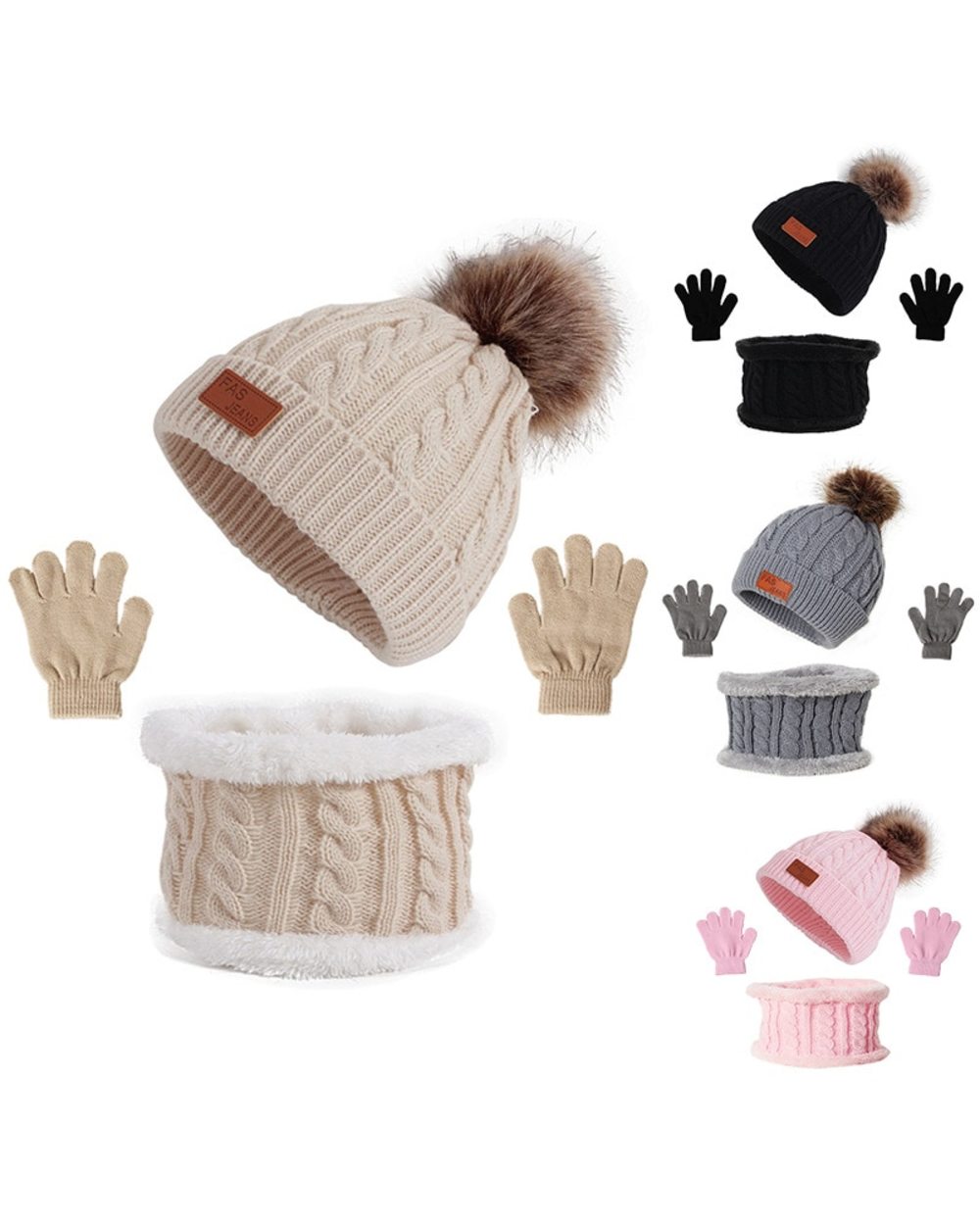 3Pcs Set Baby Winter Hat Pompom Children Hat Knitted Cute Warm Cap Scarf Gloves Suit For Girl Boy Casual Solid Color In front-0