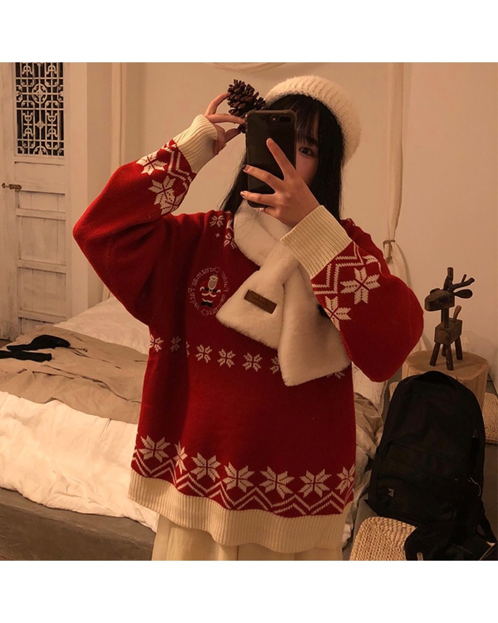 Women Fashion Christmas Red Sweater Tops Knitted Printed Long Sleeve Round Neck T Shirt Party Loose Female Clothes front-0
