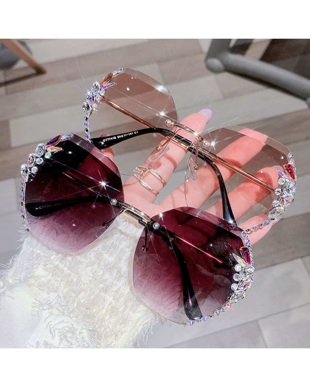 2022Fashion Brand Design Vintage Rimless Rhinestone Sunglasses Women Men Retro Cutting Lens Gradient Sun Glasses UV400 front-1
