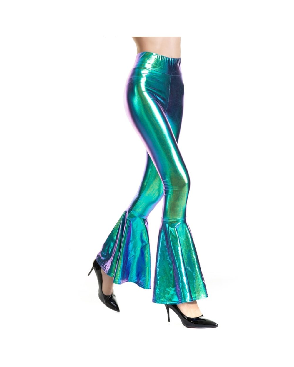 Women Flare Shiny Trousers Laser Metallic Wet look Ruffle Wide Leg Pants Retro Disco Hippie Club Trousers Bell Bottoms front-3