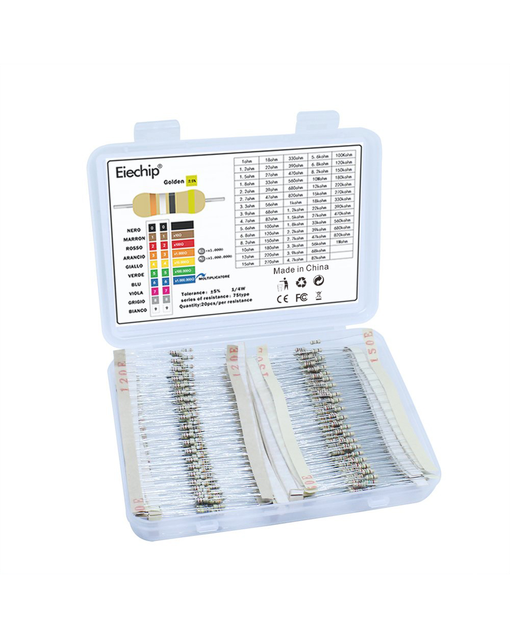 1500Pcs/Lot 1/4 Power Carbon Film Resistor Assortment Kit 75Values 1 Ohm - 10M Ohm Resistance 5% Electronic Resistors S front-1