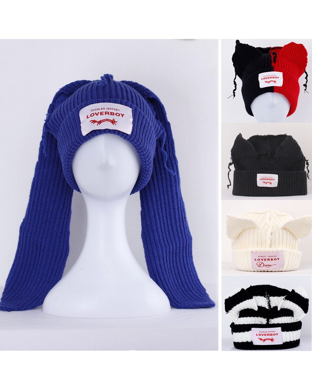 2022 Winter Skullies Cute Women Long Ears Fox Hat Crochet Knitted Hat Costume Beanie Hats Women Christmas Gift Hip-Hop front-0