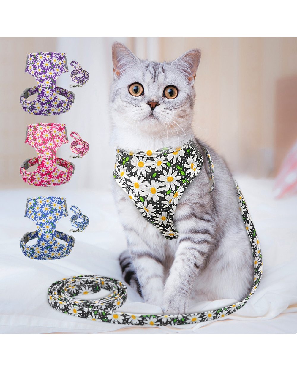 Cute Cat Harness and Leash Set Adjustable Nylon Mesh Pet Puppy Cat Walking Harness Vest Leash For Small Cats Dogs Kitten front-0