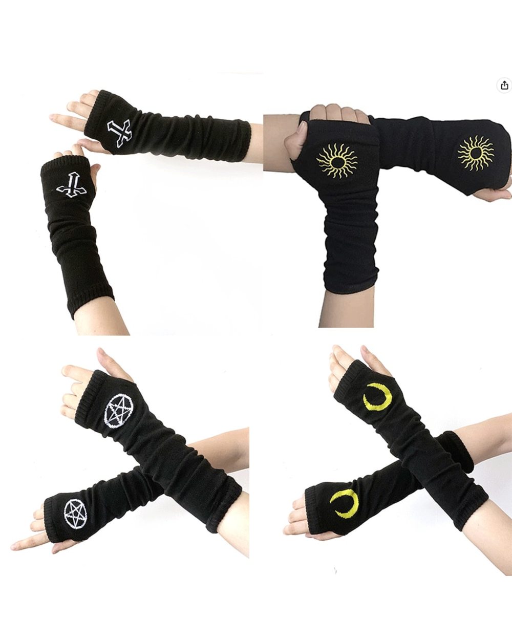 Punk Emo Style Streetwear Women Wrist Arm Warmer Knitted Long Fingerless Gloves Black Mitten Halloween Cross Gloves Dar front-0
