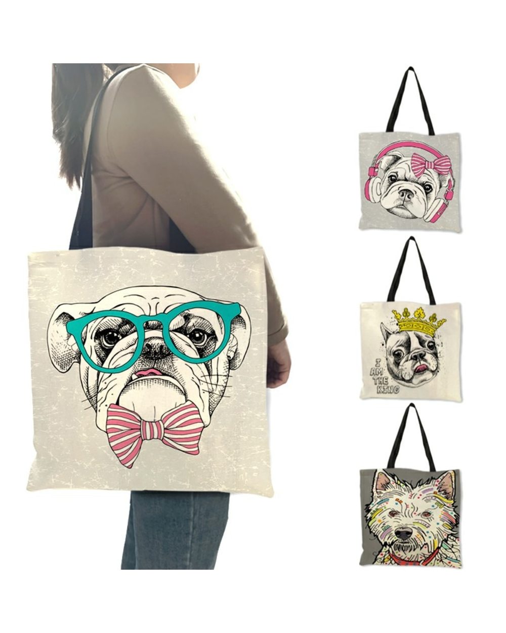 Creative Bulldog Terrier Print Tote Bag Women Handbags Eco Linen Traveling school Bags front-0