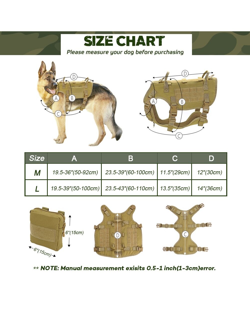 Dog Tactical Harness Molle Vest Adjustable Military Pet Training Harness For Medium Large Dogs With 2 Detachable Pouches front-5