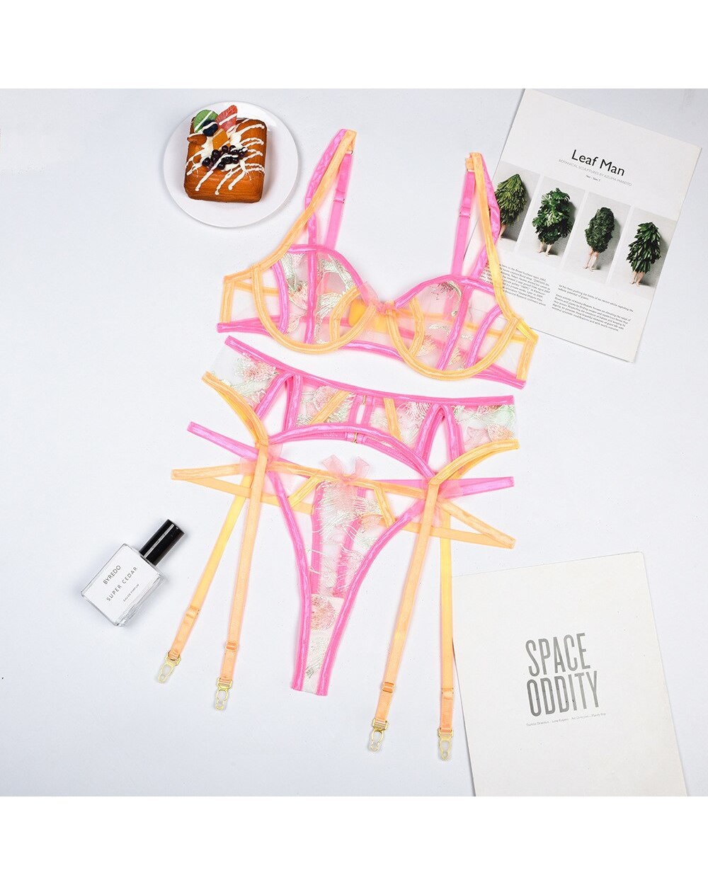 Set Pink Sexy Lingerie Underwear Womens Floral Embroidery See Through Underwear Set Lingerie Porn Intimate Sex front-4