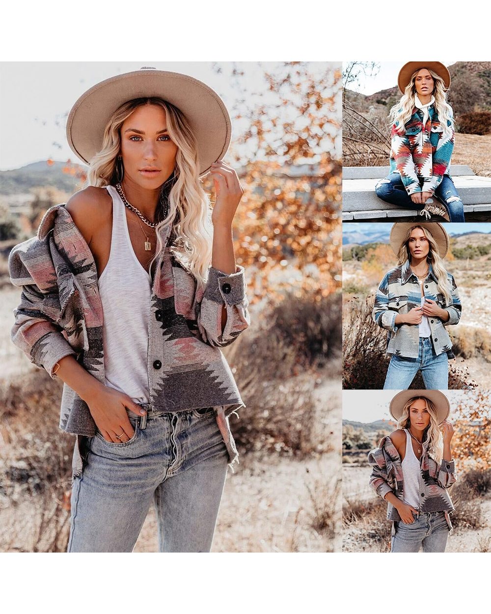 Native Style Geometric Print Woolen Coat Long-sleeved Loose Fashion Jacket Women VG06 front-1