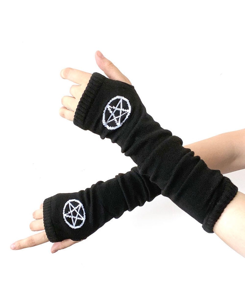 Punk Emo Style Streetwear Women Wrist Arm Warmer Knitted Long Fingerless Gloves Black Mitten Halloween Cross Gloves Dar front-4